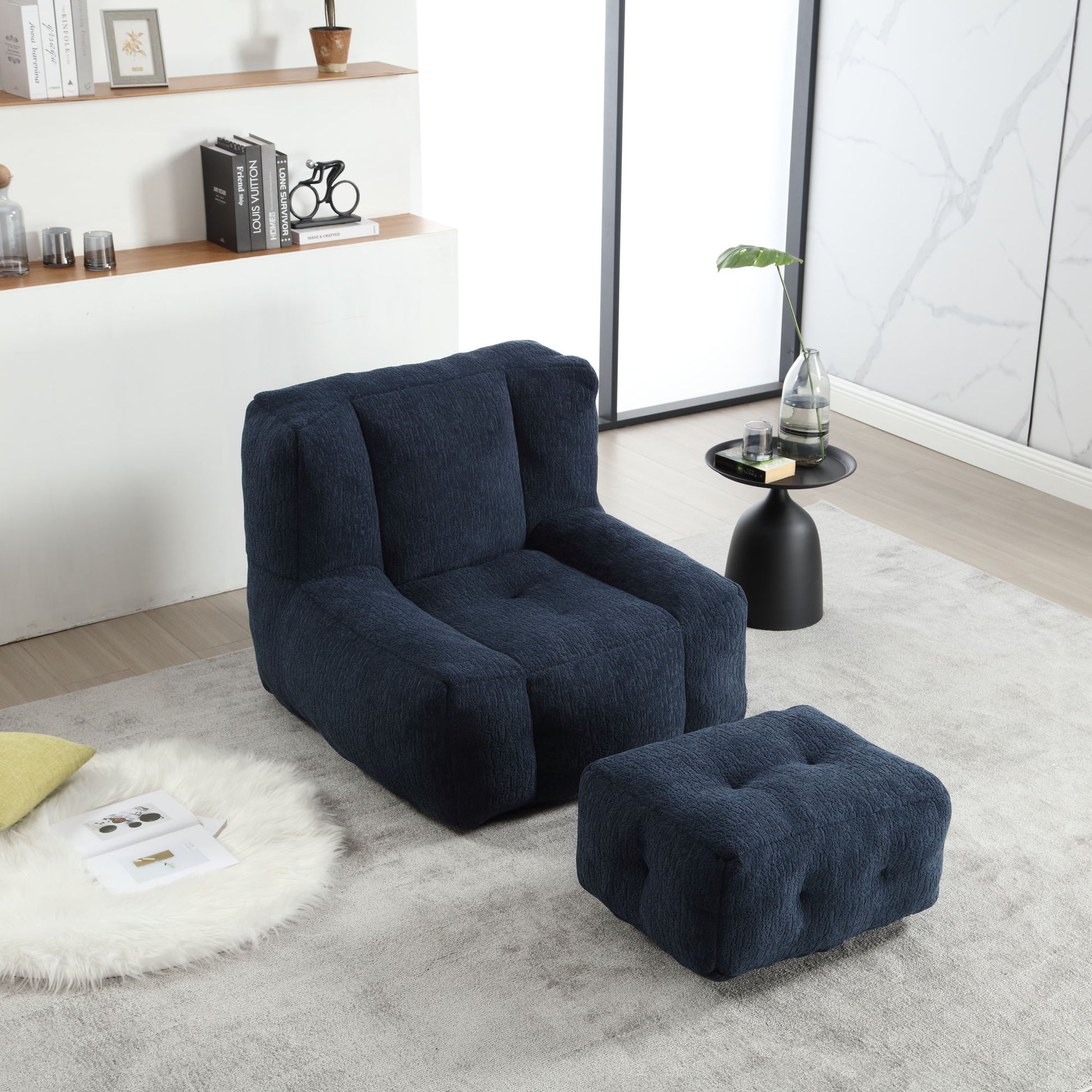 Modern Indoor Fluffy Bean Bag Chair With Memory Foam And Ottoman, Super Soft