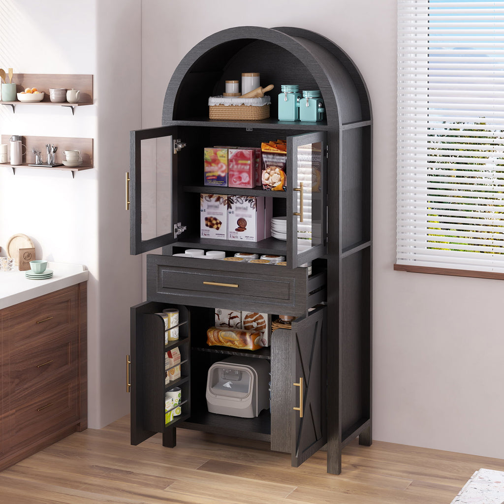 Arched Kitchen Pantry Cabinet With Glass Door, Storage Cabinet With Adjustable Shelves & Barn Door - Black