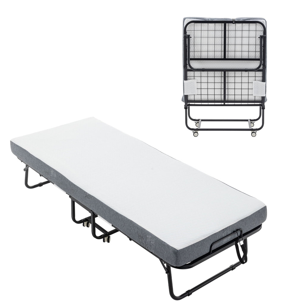 Foldable Metal Frame Bed For Guest With Memory Foam Mattress On Wheels, Saving Space Rollaway Bed