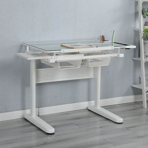 38.18" Hand Crank Adjustable Drafting Table Drawing Desk With 2 Metal Drawers With Stool