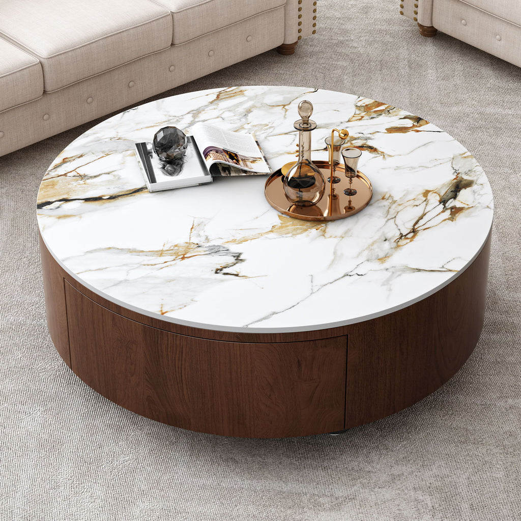 Round Coffee Table With 2 Drawers For Living Room - Walnut Brown / White / Multi