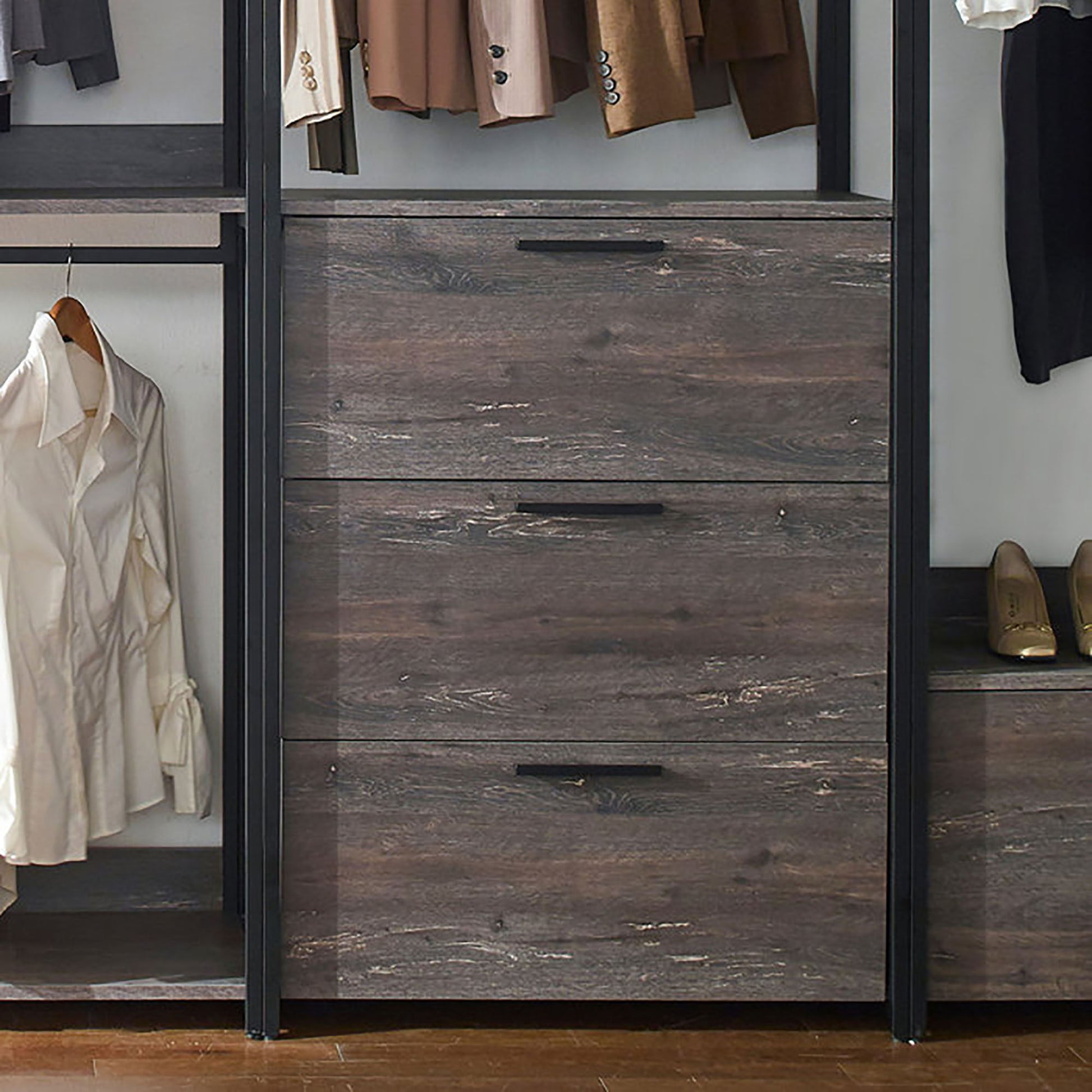 Monica - Wood Walk In Closet System With Spacious Storage In Wood And Metal Frame - Gray