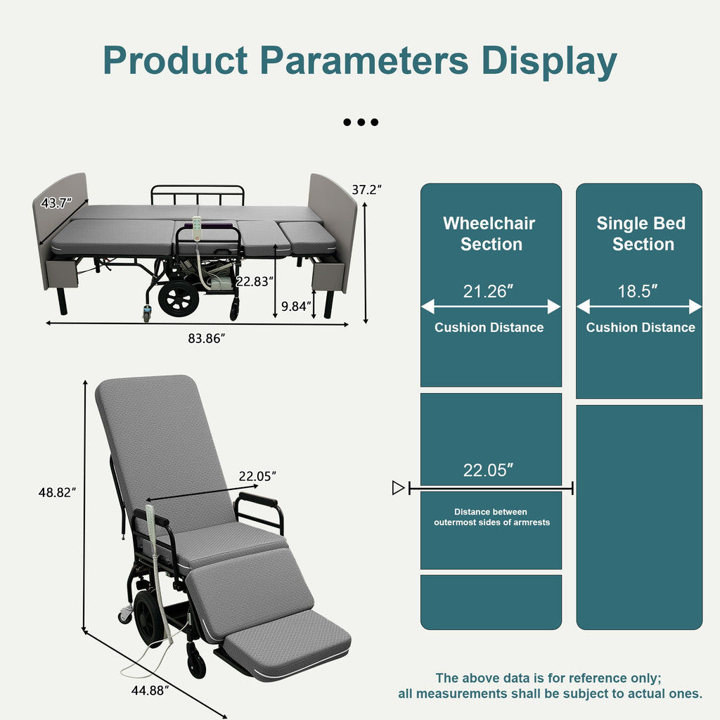Dual Motor 3 In 1 Electric Nursing Bed Convertible To Wheelchair & Stretcher - Gray