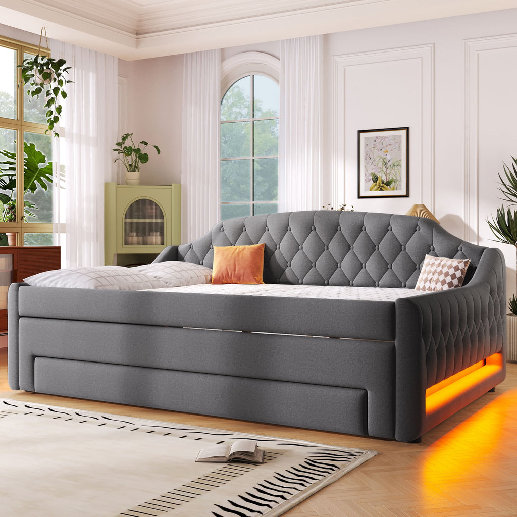 Upholstered Daybed With LED Belt, Trundle And 3 Drawers