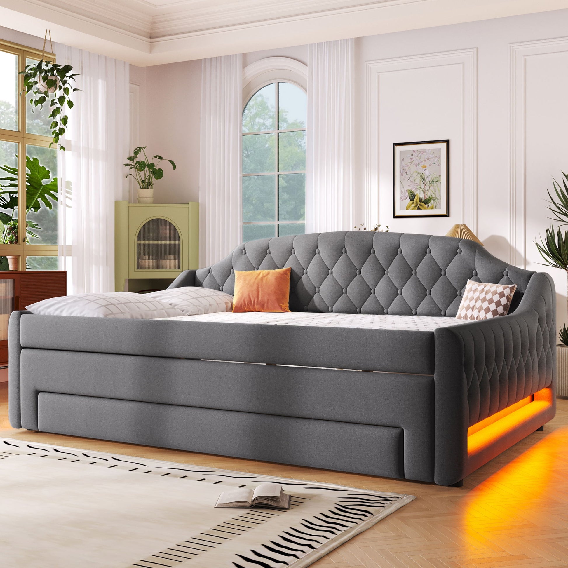 Upholstered Daybed With LED Belt, Trundle And 3 Drawers