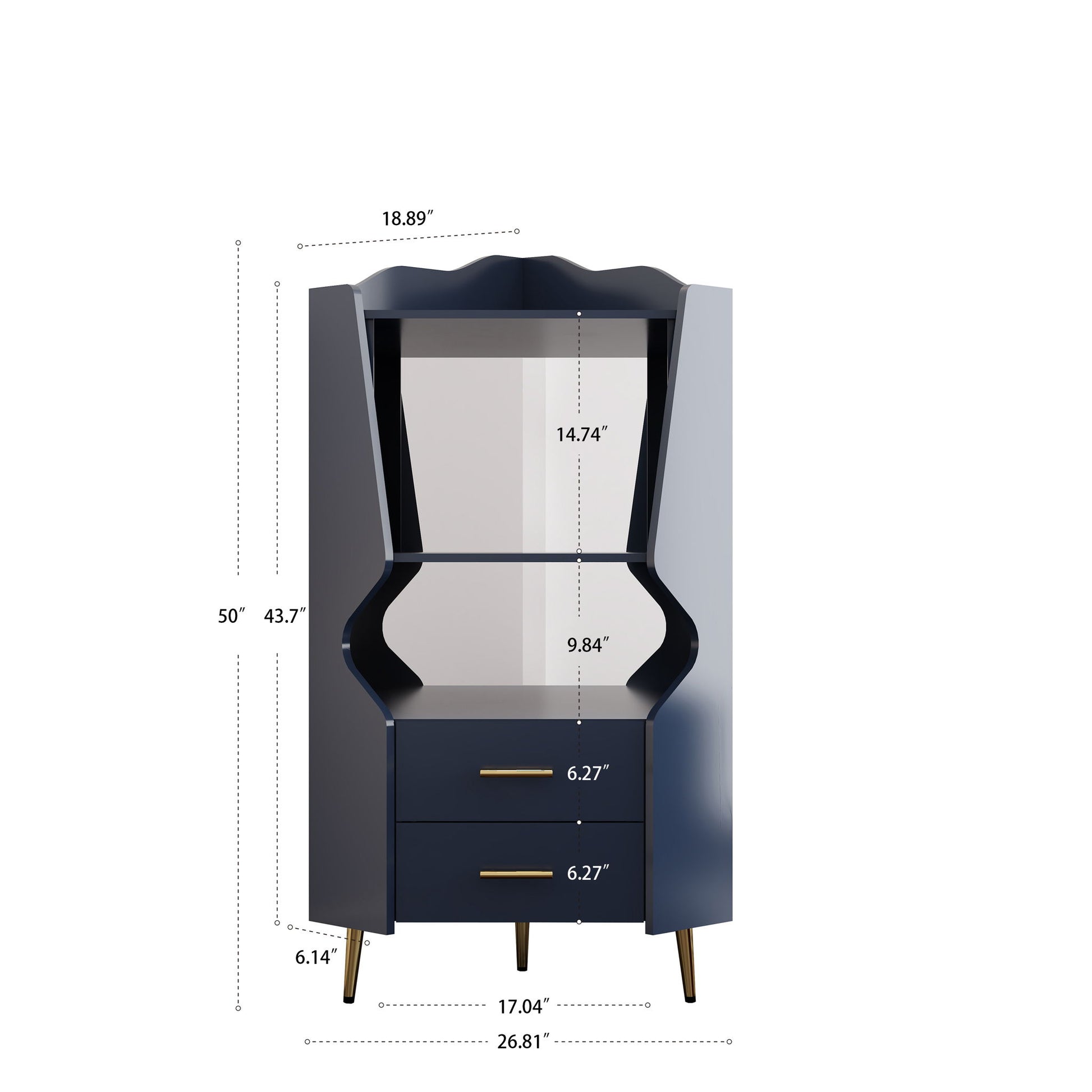 Corner Bar Cabinet With Mirrored Back, 2 Open Shelves & 2 Drawers, High Legs For Easy Cleaning
