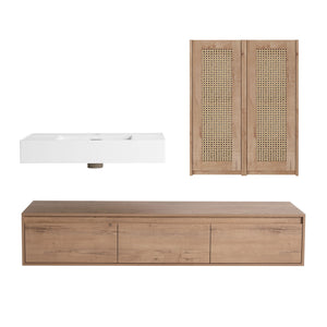 Modern Wall Mounted Bathroom Vanity With Resin Sink And 2 Side Cabinet, Construction - Imitative Oak