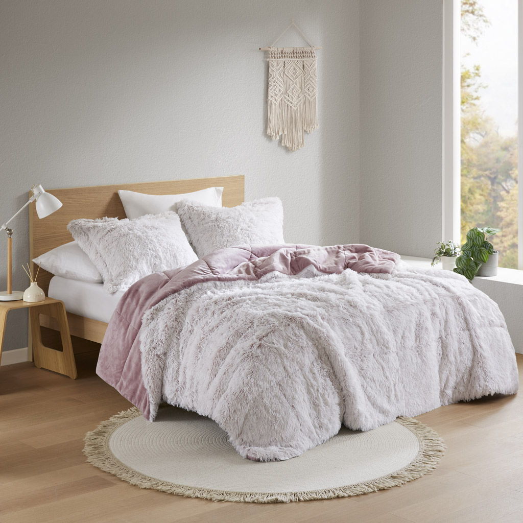 Malea - 3 Piece Full/Queen Shaggy Comforter Mini Set - Pink/White