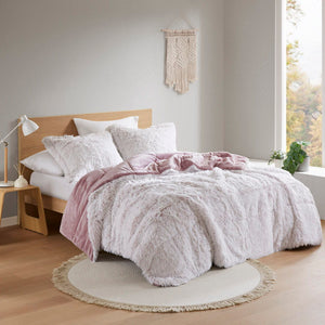 Malea - 3 Piece Full/Queen Shaggy Comforter Mini Set - Pink/White