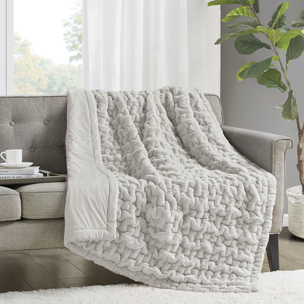 Ruched Fur - Throw - Silver Gray