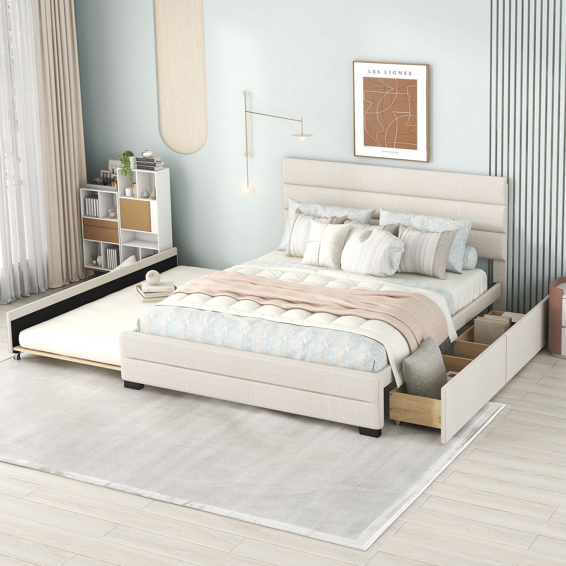 Queen Platform Bed With Twin Trundle And 2 Storage Drawers - Beige