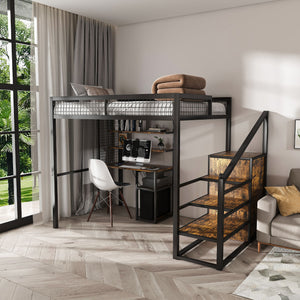 Full Size Loft Bed With Desk & Wardrobe Heavy Frame, Built In Staircase, Storage Rack & Shelves Gaming Bed - Black