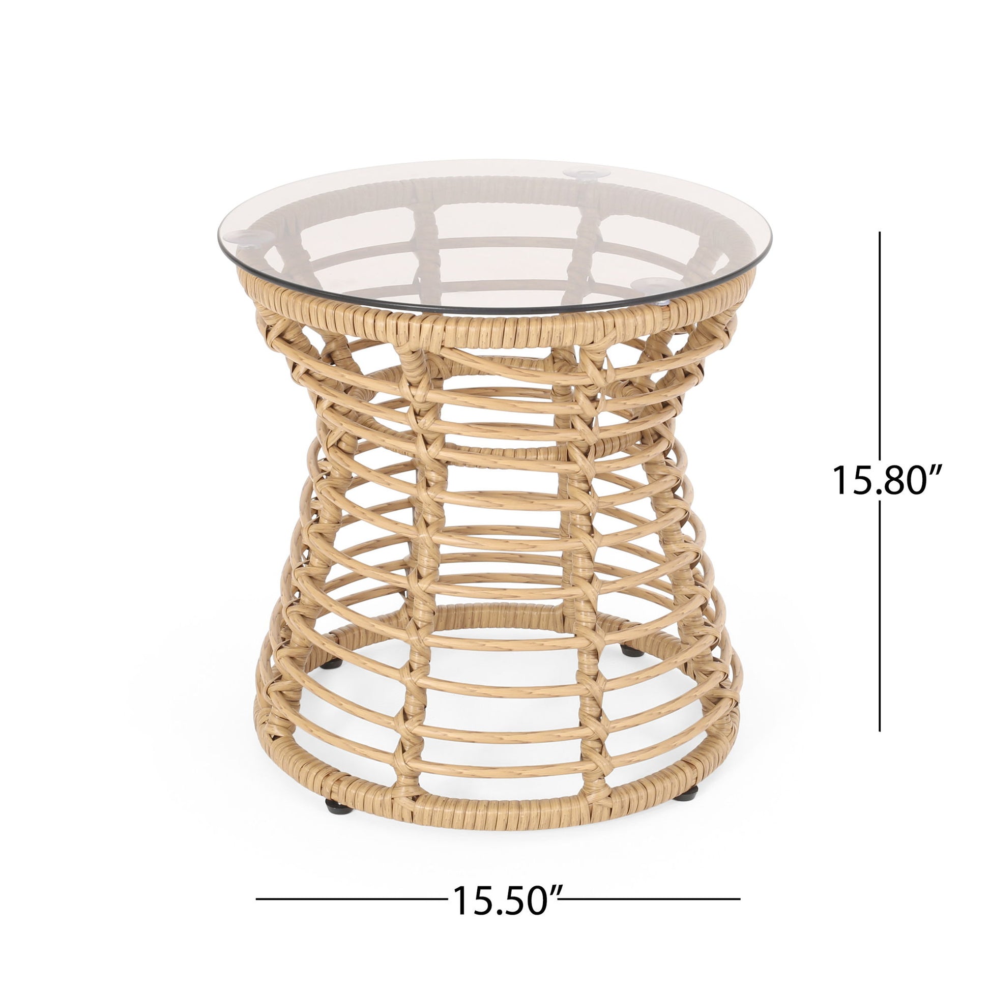 San Pedro - Boho Style Side Table With Tempered Glass Top - Light Brown Rattan
