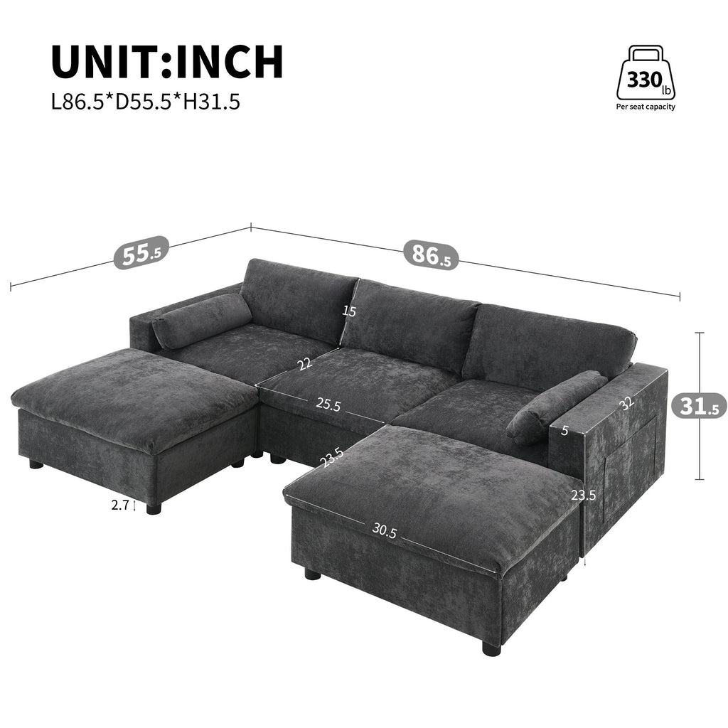 Modular Sectional With Storage Pockets, 5 Seat U Shaped Couch Set With Pillows, Free Combination Modern Cloud Sofa With 2 Movable Ottoman