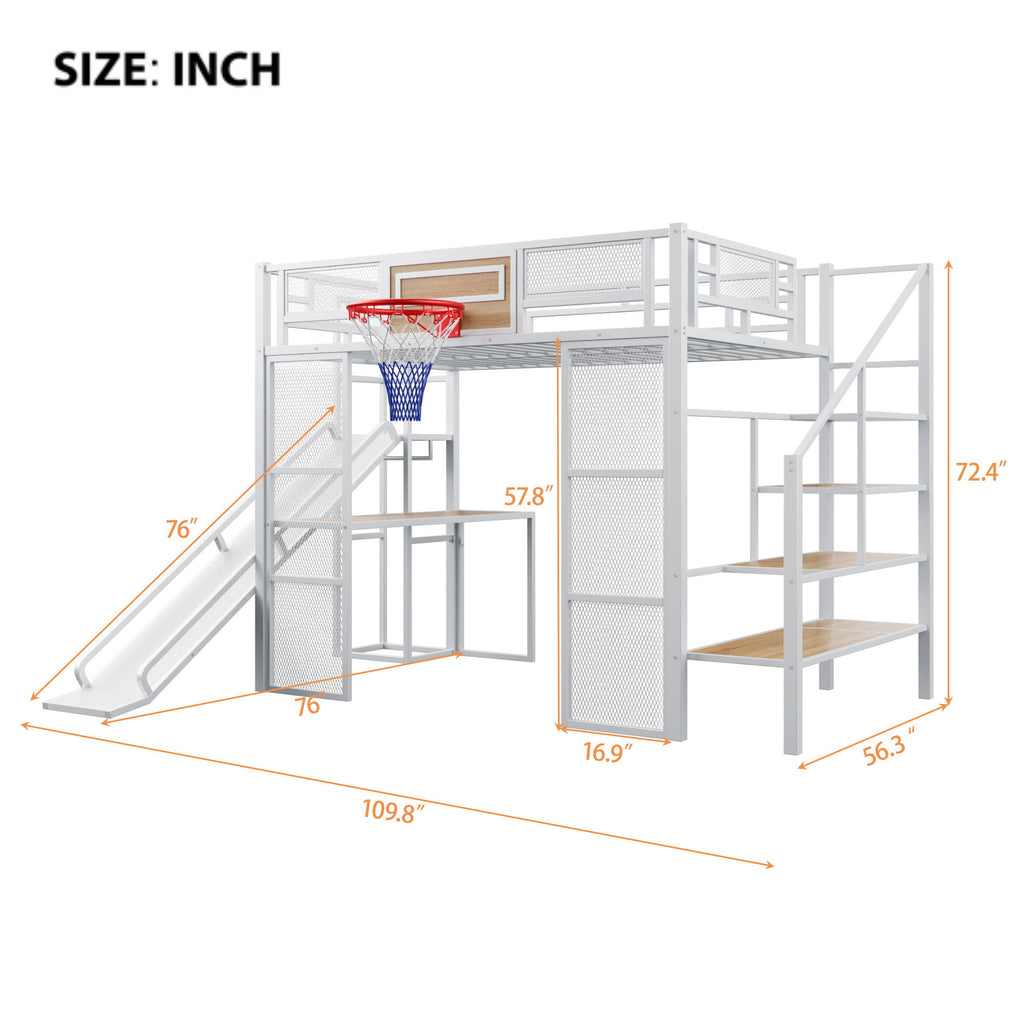 Loft Bed With Built In Desk, Open Wardrobe, Basketball Hoop, Slide And Staircase