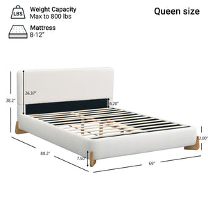 Queen Size Upholstered Bed With 12 Slats Support - White