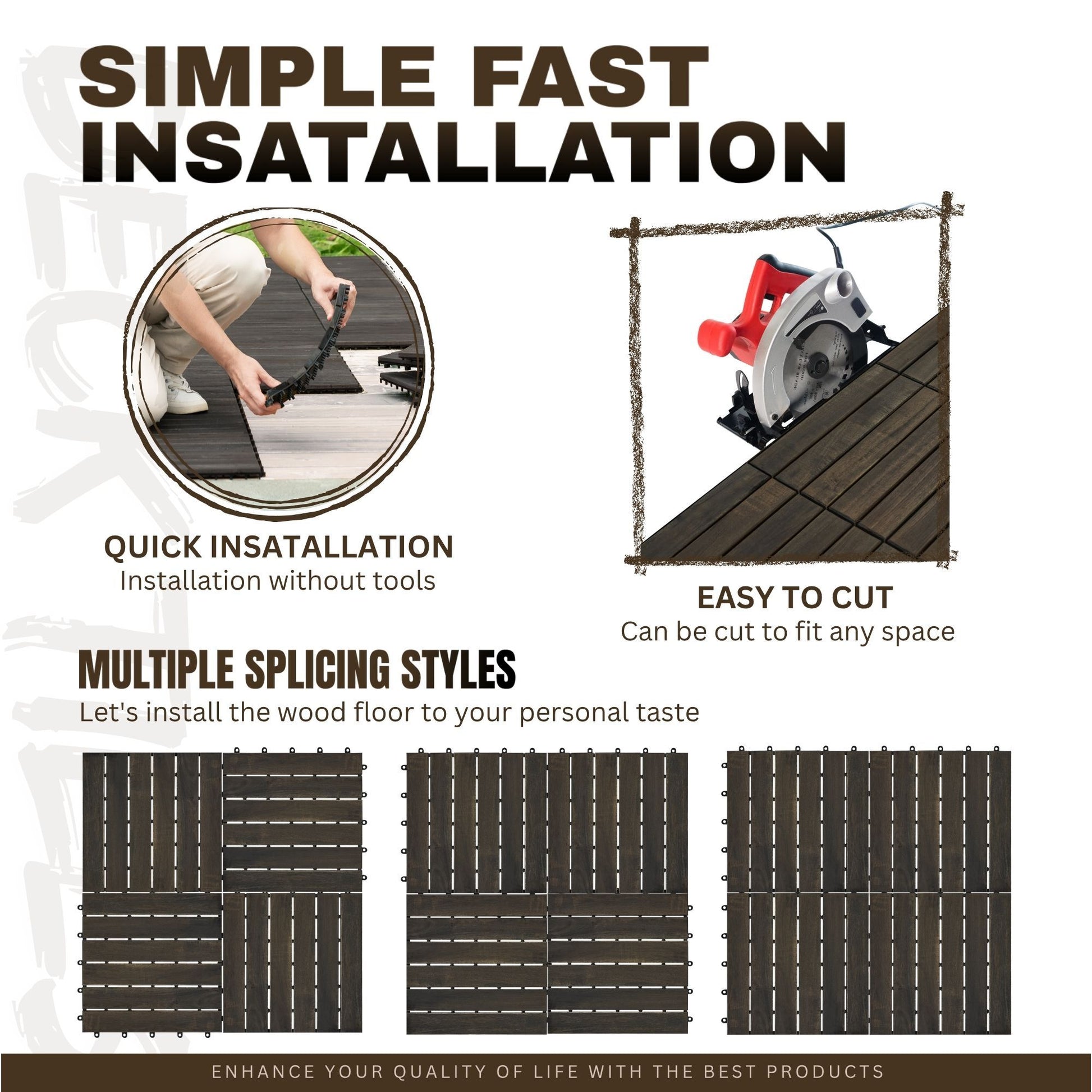 Acacia Hardwood Interlocking Deck Tiles, Striped Pattern