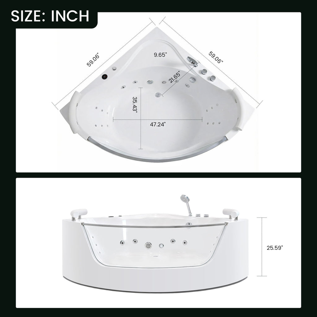 Korra - 2 Person Acrylic Corner Whirlpool Bathtub With Hydro Massage, Rainbow Light, Heater - Milk White