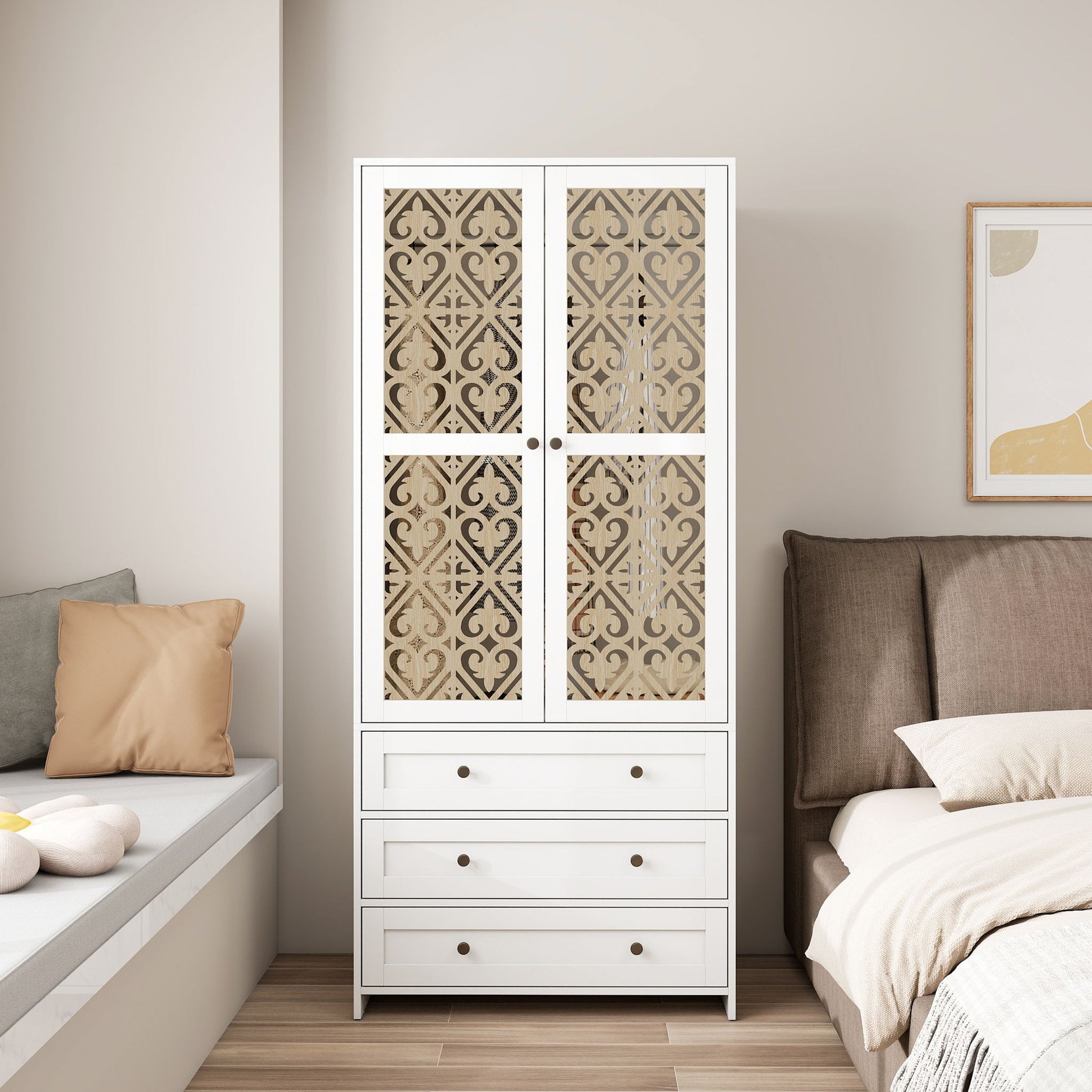 Hollow Pattern 2 Door 3 Drawer Wardrobe, The Collision Of Wood Color, Suitable For Bedrooms And Dressing Rooms - White
