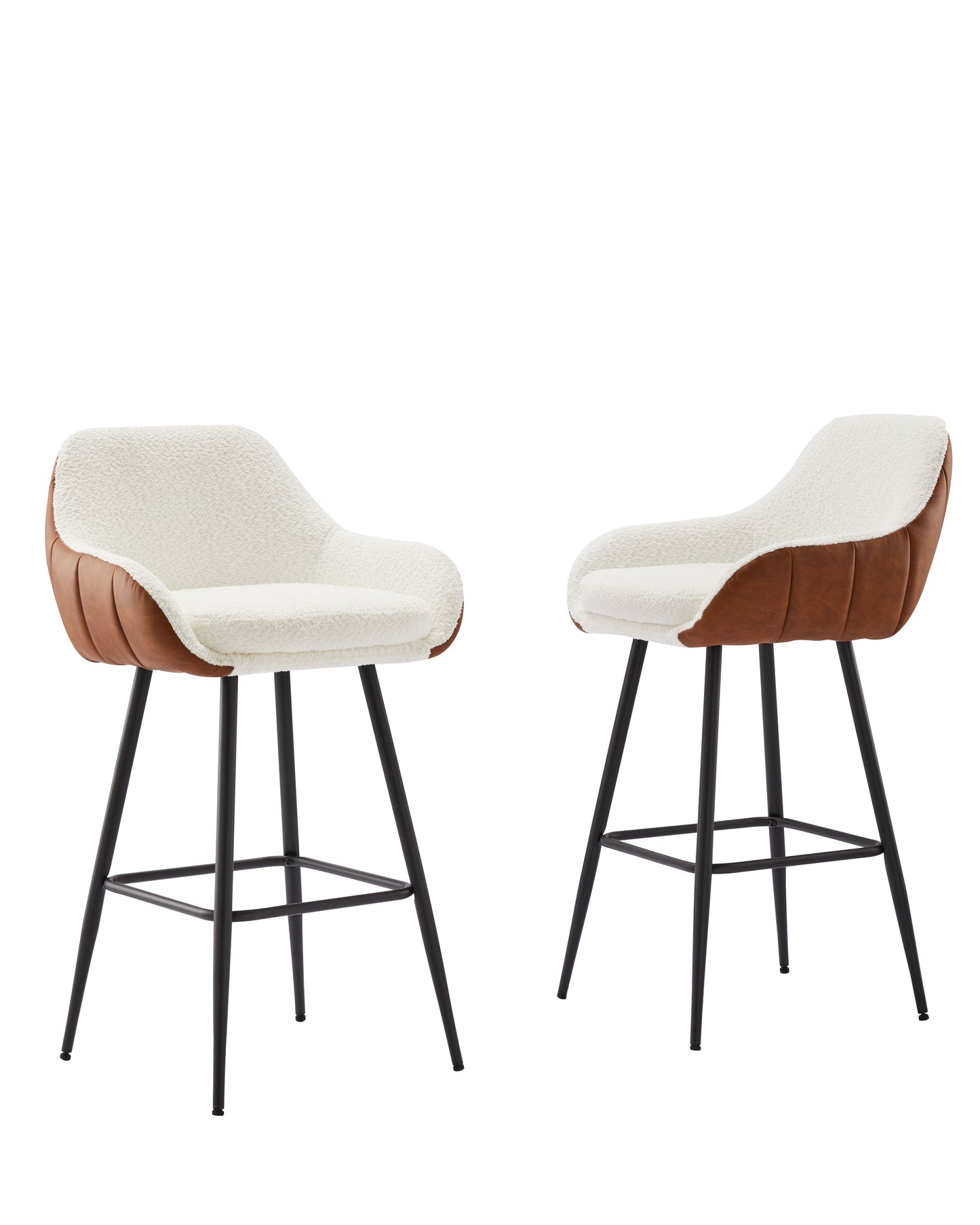 Modern Counter Height Bar Stools (Set of 2), Mid-Century Leather Upholstered Accent Arm Bar Stools, Leisure Side Chair With Metal Legs For Kitchen & Dining Room - Dark Brown / White