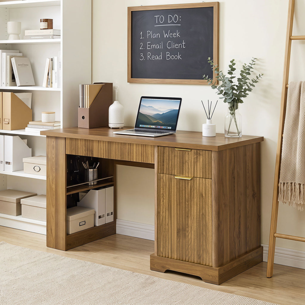 Modern Fluted Office Desk With Storage Cabinet