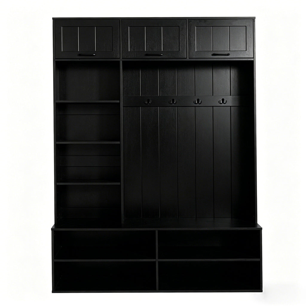 Hall Tree With Bench And Shoe Storage, 5 In 1 Entryway Bench With Coat Rack, Storage Organizer Cabinet With 4 Hooks For Hallway - Black