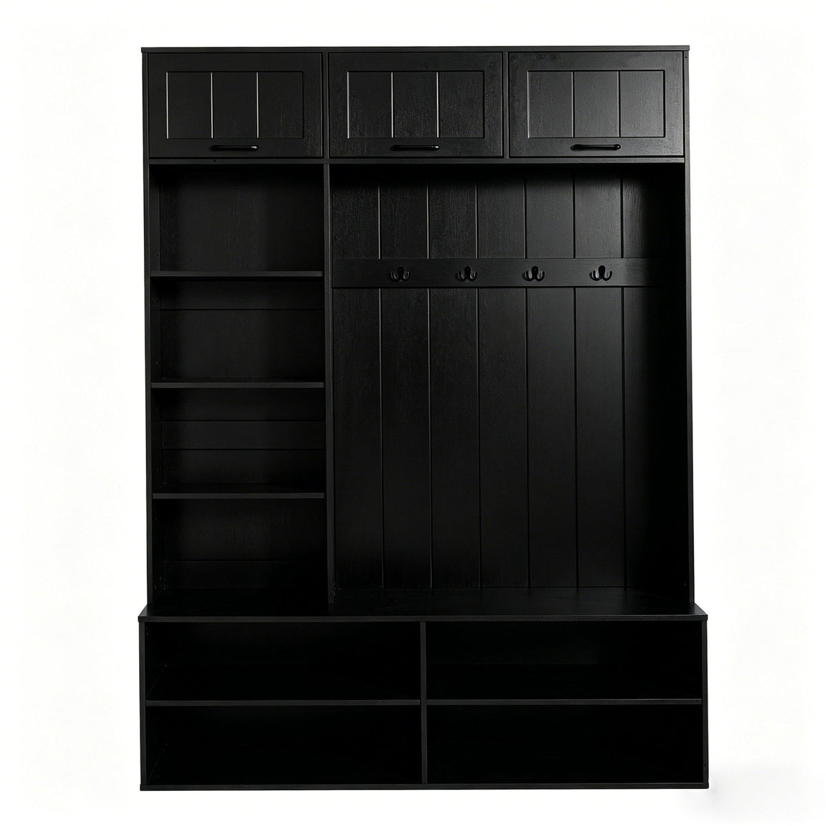 Hall Tree With Bench And Shoe Storage, 5 In 1 Entryway Bench With Coat Rack, Storage Organizer Cabinet With 4 Hooks For Hallway - Black