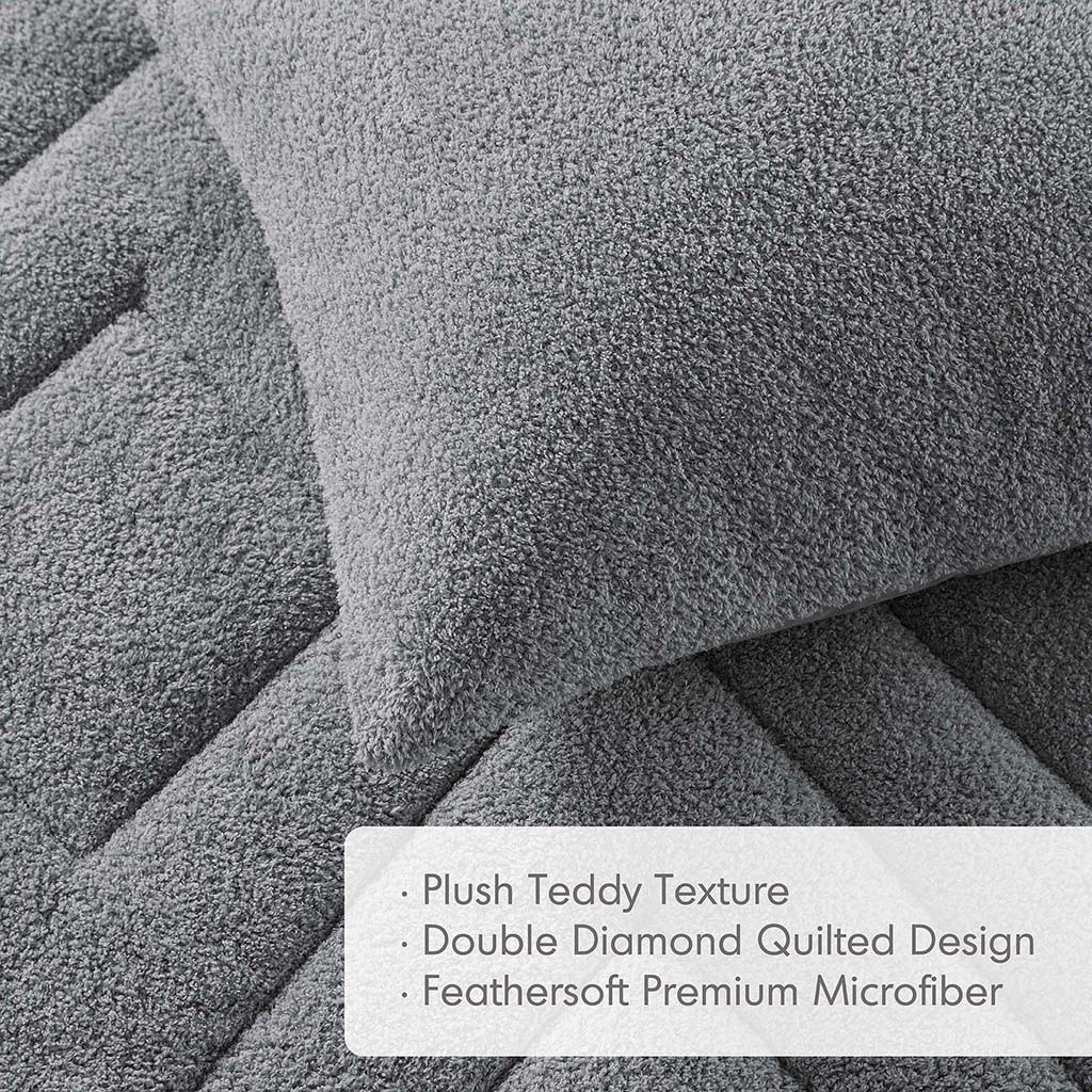 Kyla - King/California King Double Diamond Quilted Teddy Comforter Set - Gray