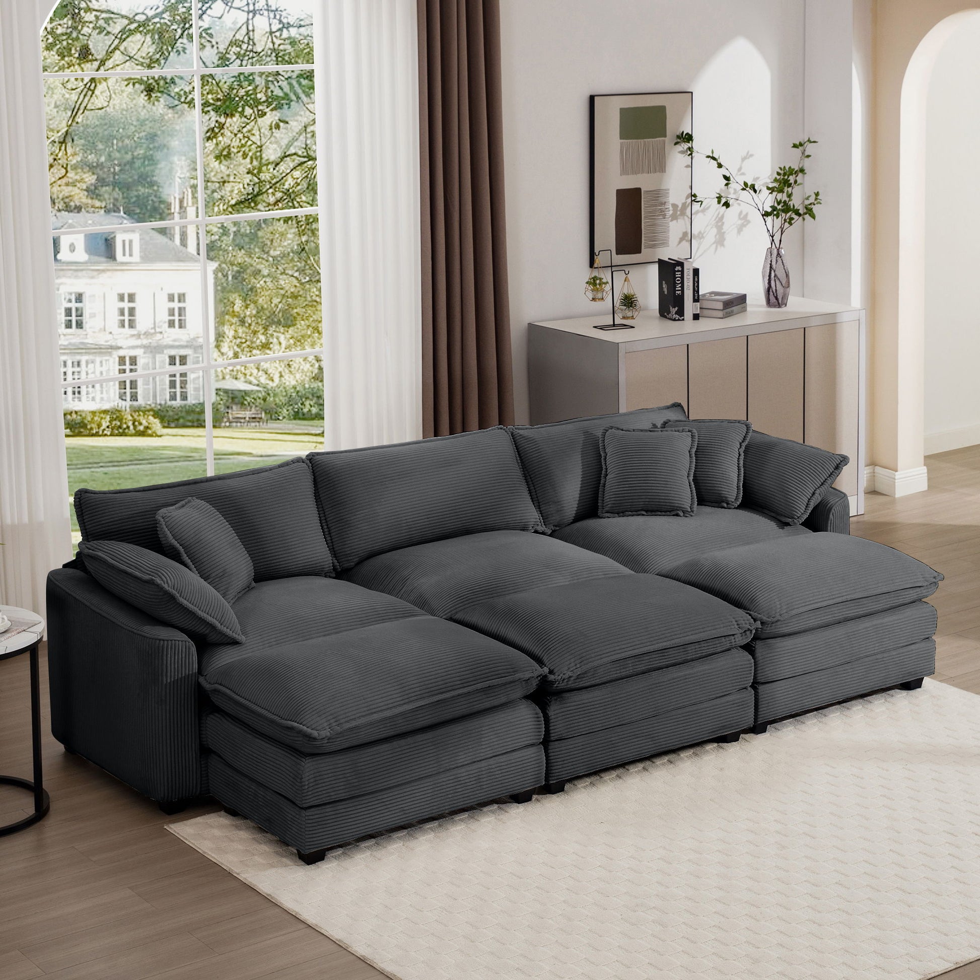 Modern Oversized Modular Cushion Sofa With Ottoman, Low Back, Deep Seating Sofa Set