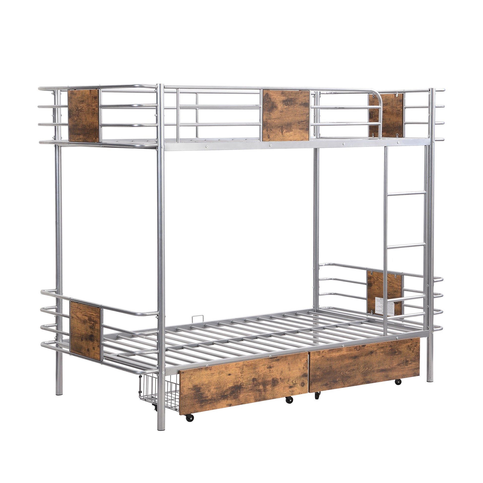 Twin Long Over Twin Long Bunk Bed With Guardrail And 2 Storage Drawers - Silver