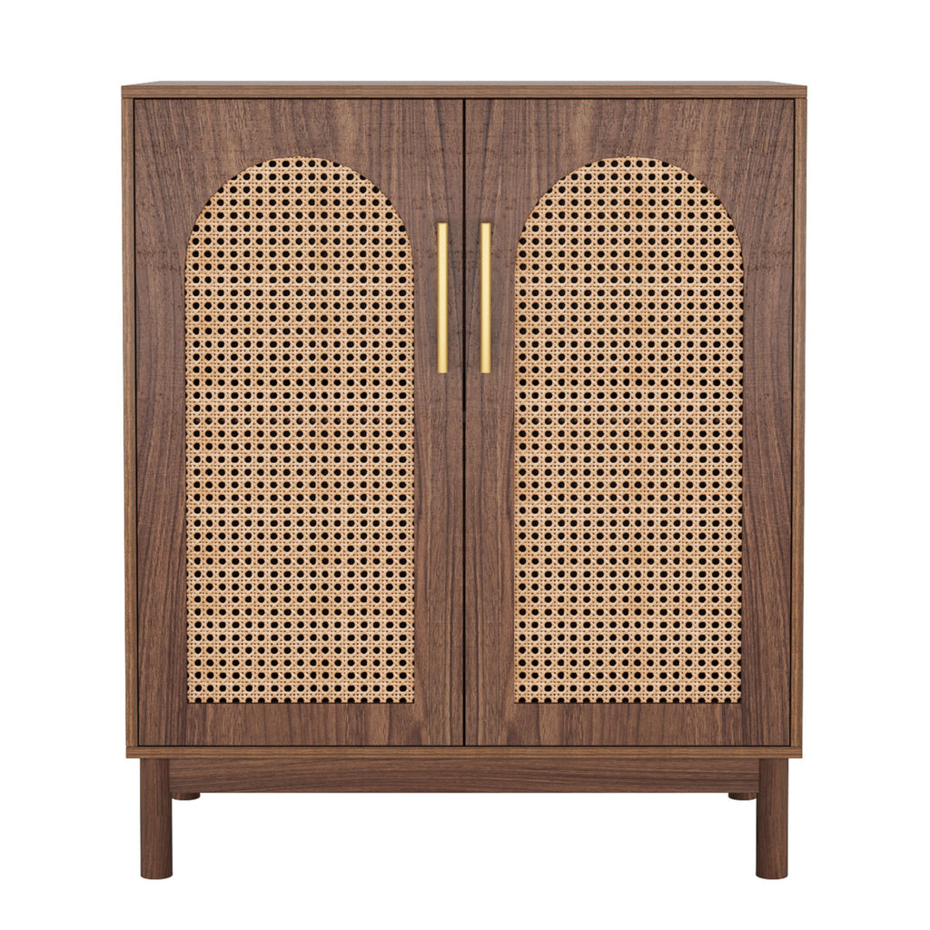Sideboard Buffet Cabinet With Handwoven Rattan Doors (Set of 2) - Dark Brown