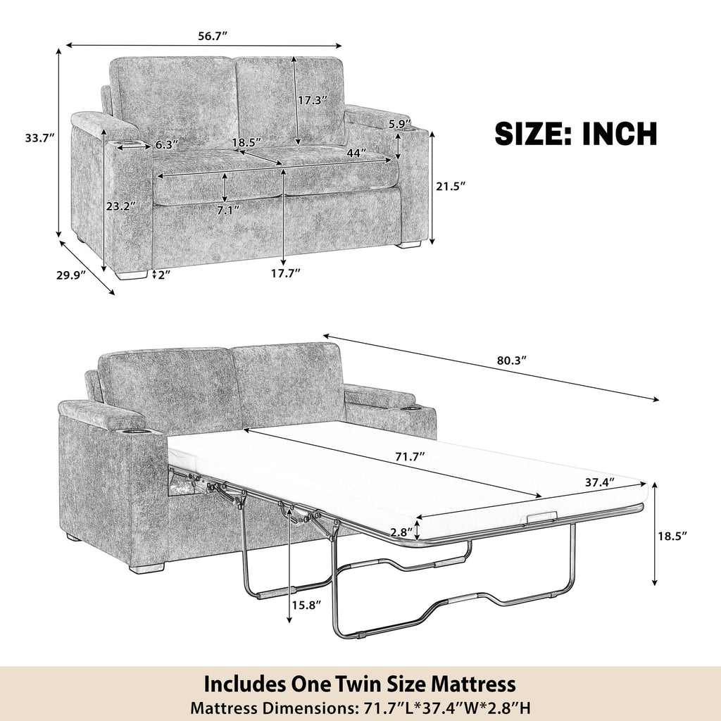 Pull Out Sofa Bed Loveseat With Twin Mattress, Cup Holders And Arm Storage