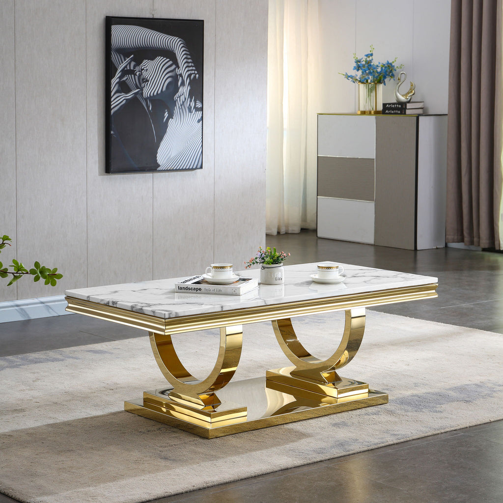 Modern Rectangular Marble Printing Coffee Table, U-Shape Stainless Steel Base With Mirrored Finish