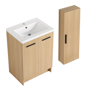 Freestanding Bathroom Vanity Set With Tall Linen Cabinet, Single Sink, Extra Storage, Soft Close Doors - Glossy White / Light Oak