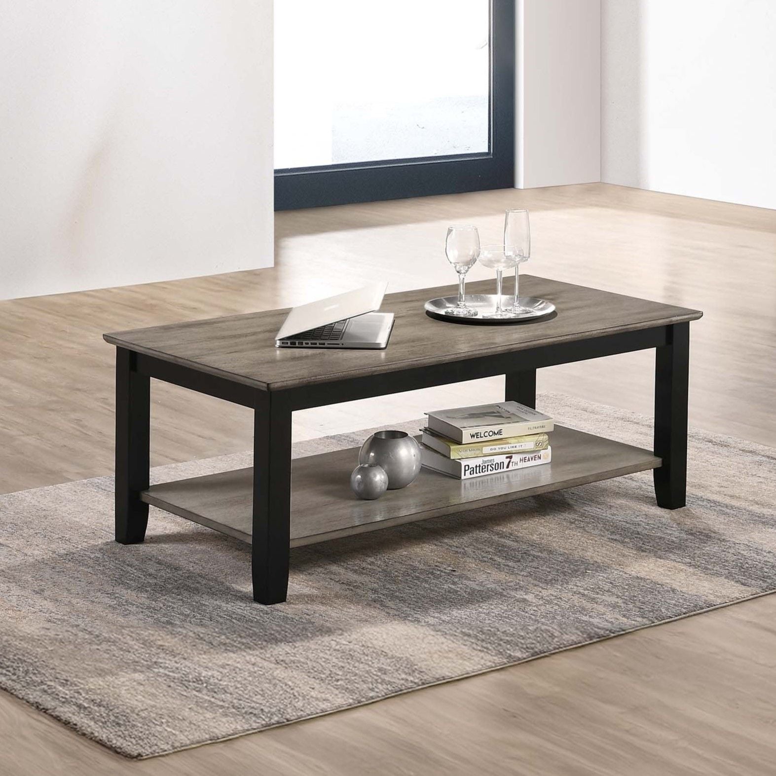 3 Piece Table Set With Open Shelf Storage, Includes Coffee, End & Console Table - Black / Black / Gray / Gray