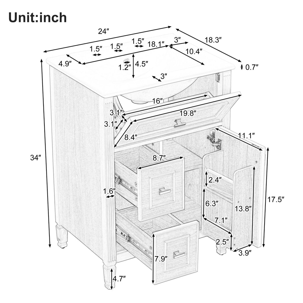 Bathroom Vanity With Sink, Flip Drawer, 2 Drawers, Adjustable Shelf