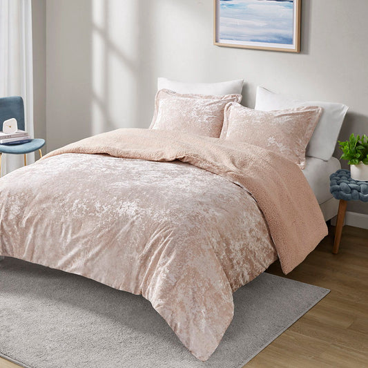 Mira - Crushed Velvet Sherpa Reversible King Comforter Set - Blush