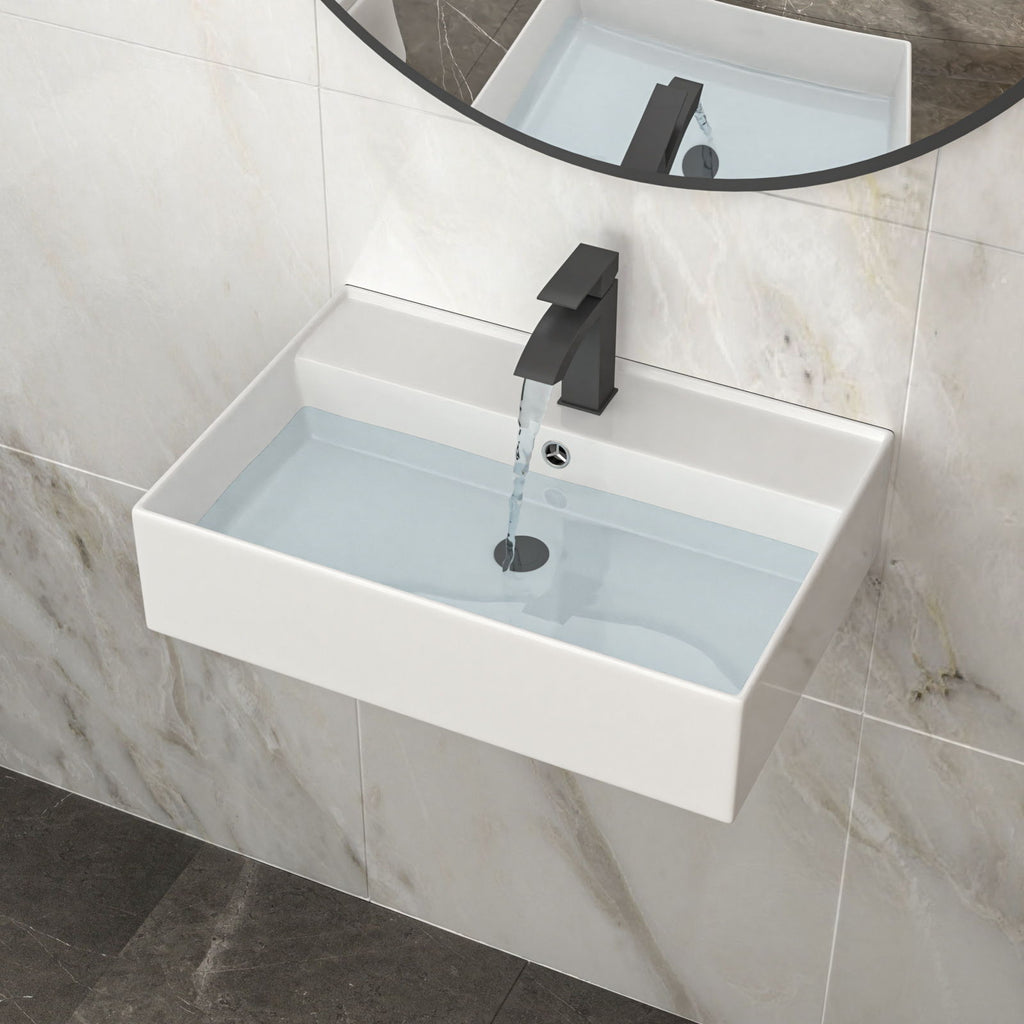Modern Ceramic Rectangular Wall Mounted Bathroom Sink With Faucet Hole & Overflow