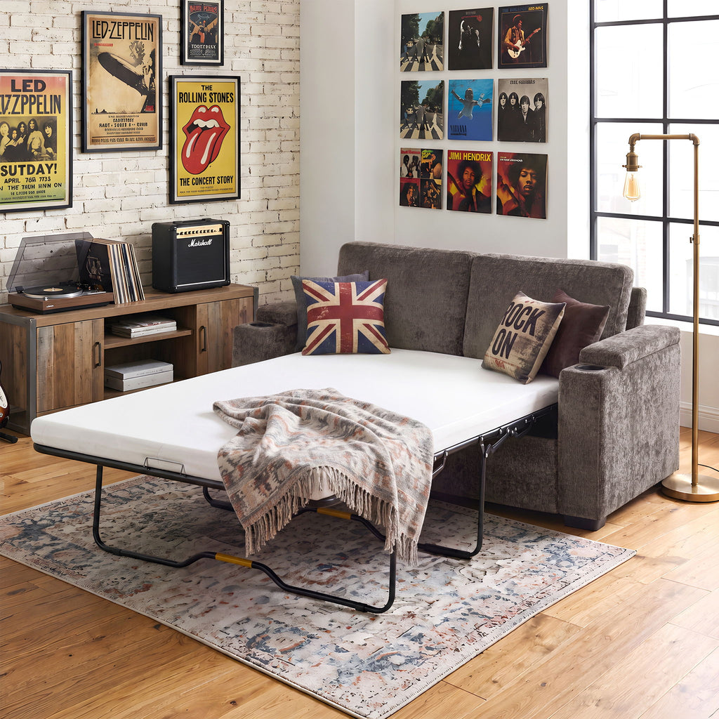 Pull Out Sofa Bed Loveseat With Twin Mattress, Cup Holders And Arm Storage