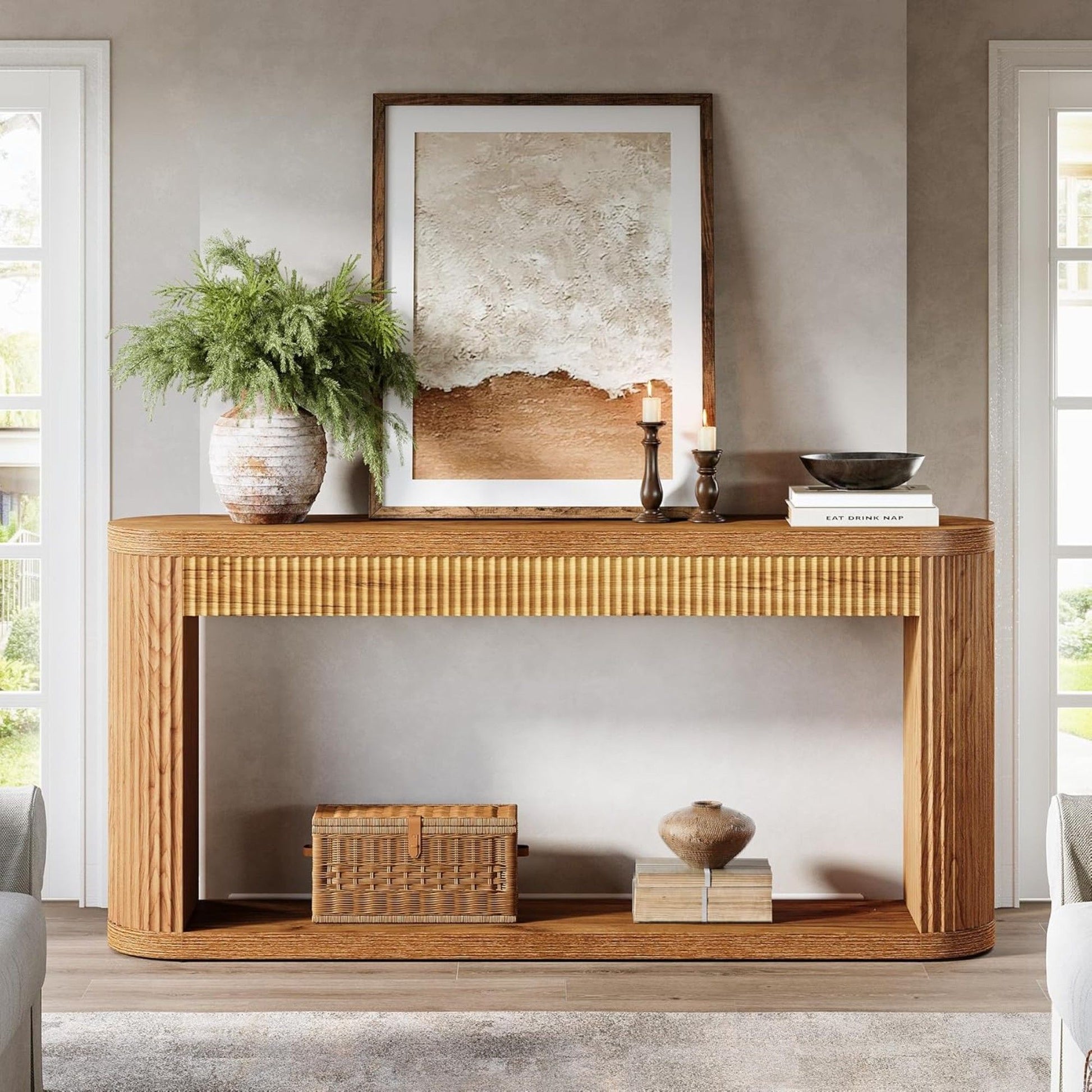 Narrow Fluted Console Table With Storage For Entryway - Brown