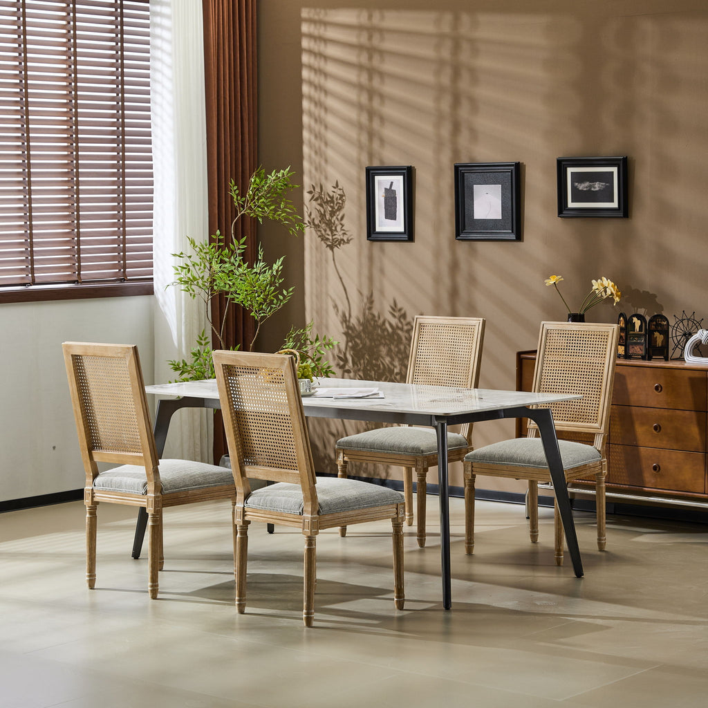 French Country Dining Chair With Rectangular Cane Backrest And Smooth Upholstered Seating