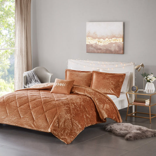 Felicia - Velvet Twin Comforter Set With Throw Pillow - Rust