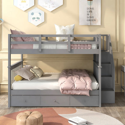 Stairway Bunk Bed With Drawer, Storage And Guard Rail For Bedroom