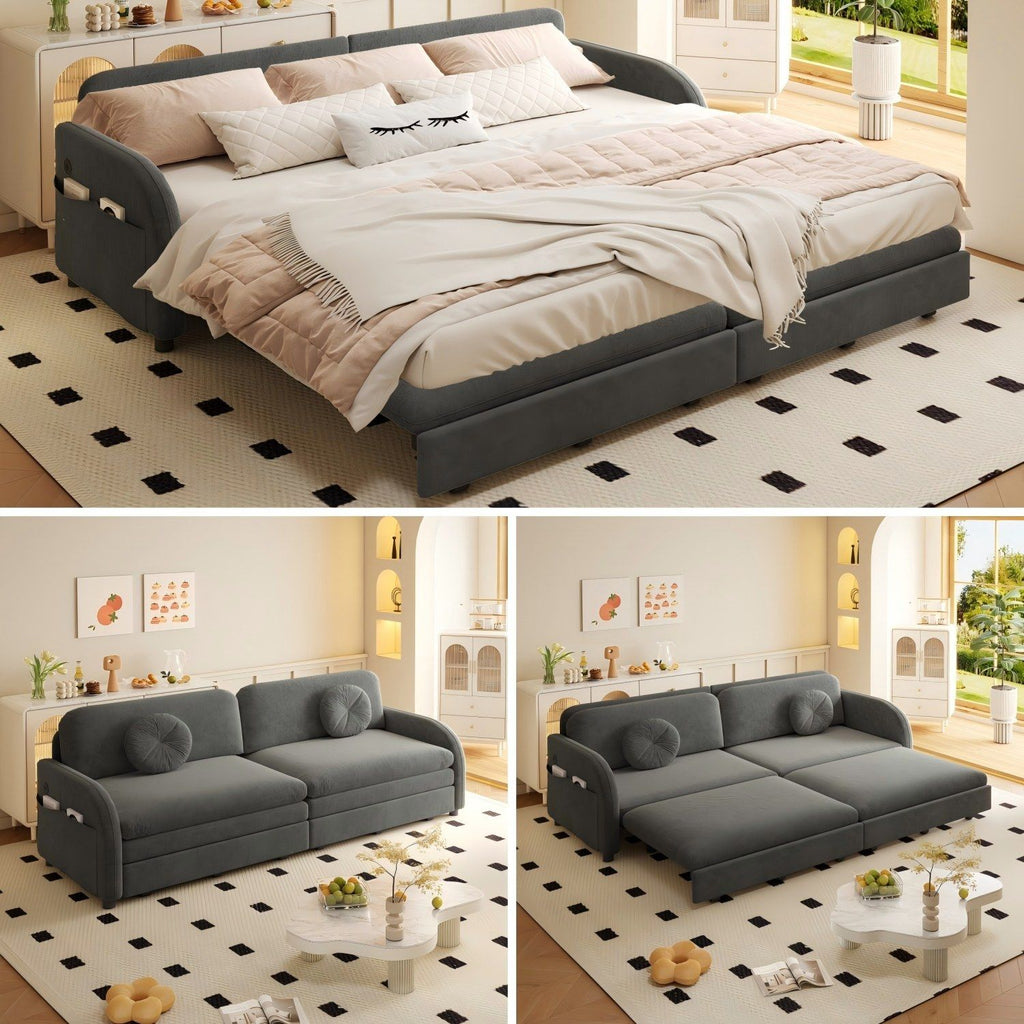 Upholstered Pull Out Couch With Side Pocket & USB Port
