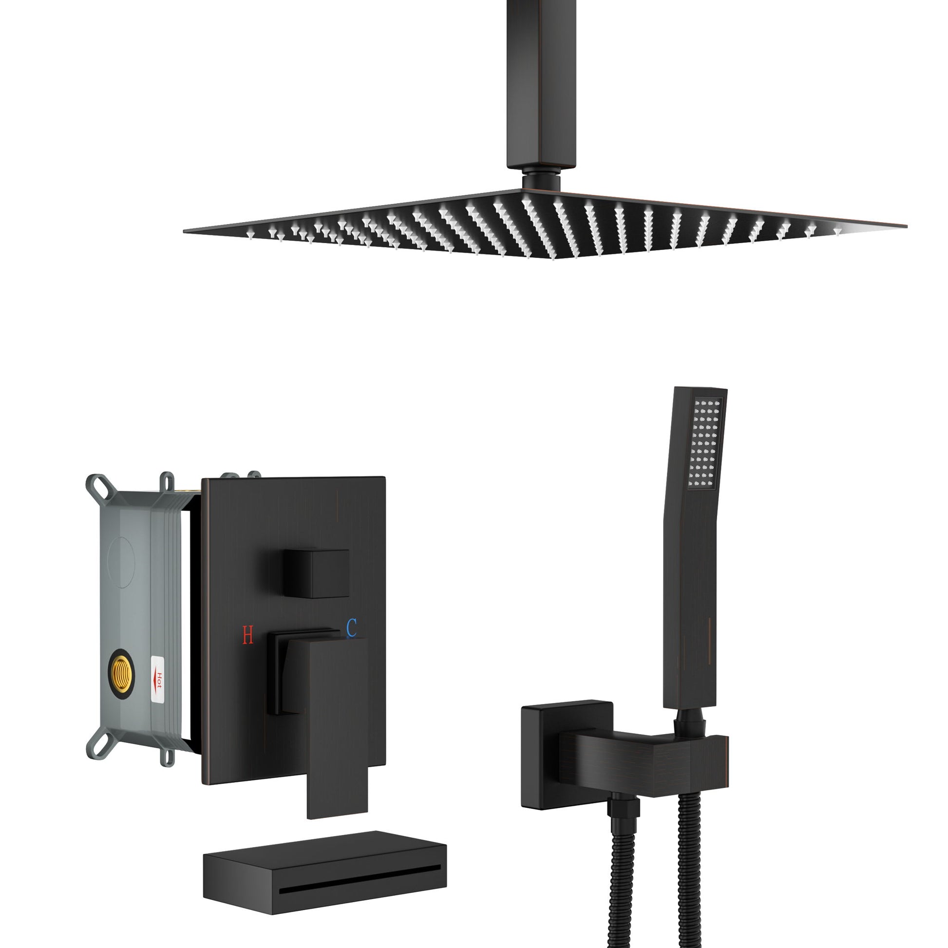 Shower System With Waterfall Tub Spout And 12" Ceiling Mount Square Shower Head - Oil-Rubbed Bronze