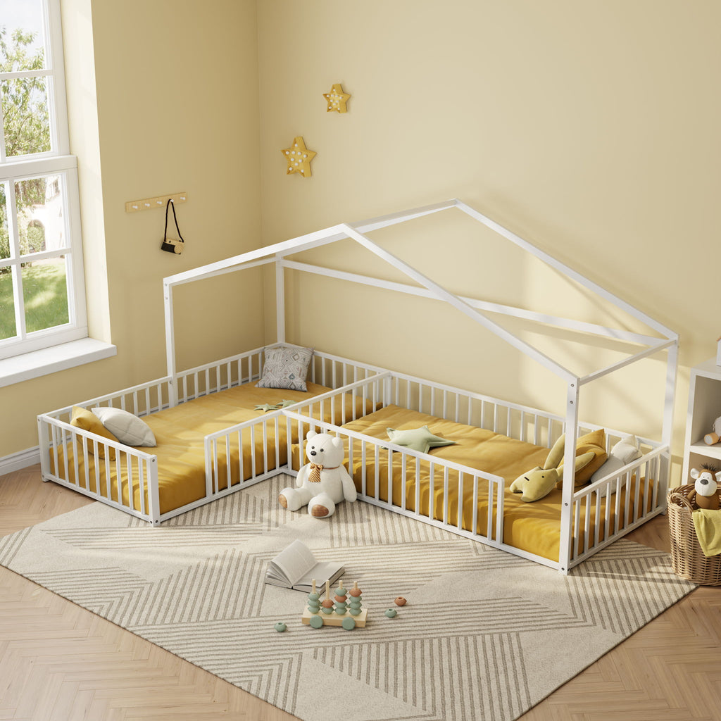 L-Shaped Montessori Bed For 2 Kids With Partitioned Fence