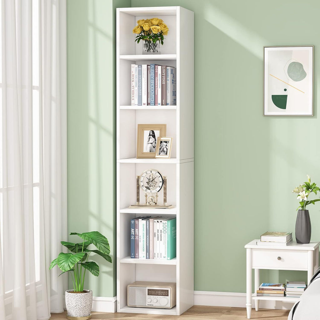 6 Tier Narrow Corner Cube Bookcase Storage, Freestanding Shelf With Open Cubes For Living Room