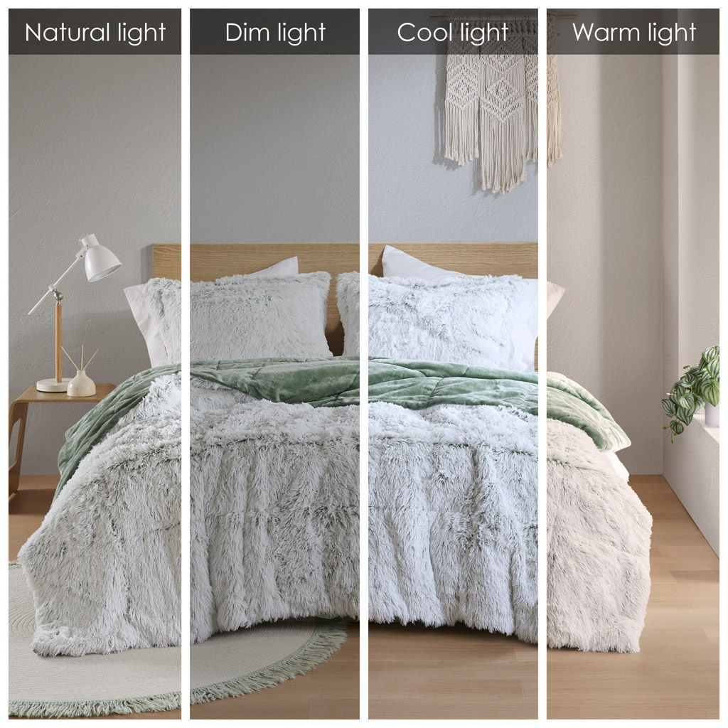 Malea - 3 Piece Full/Queen Shaggy Comforter Mini Set - Green/White