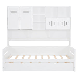 Twin Size Wooden Daybed With Twin Size Trundle, And All In One Cabinet And Shelf - White