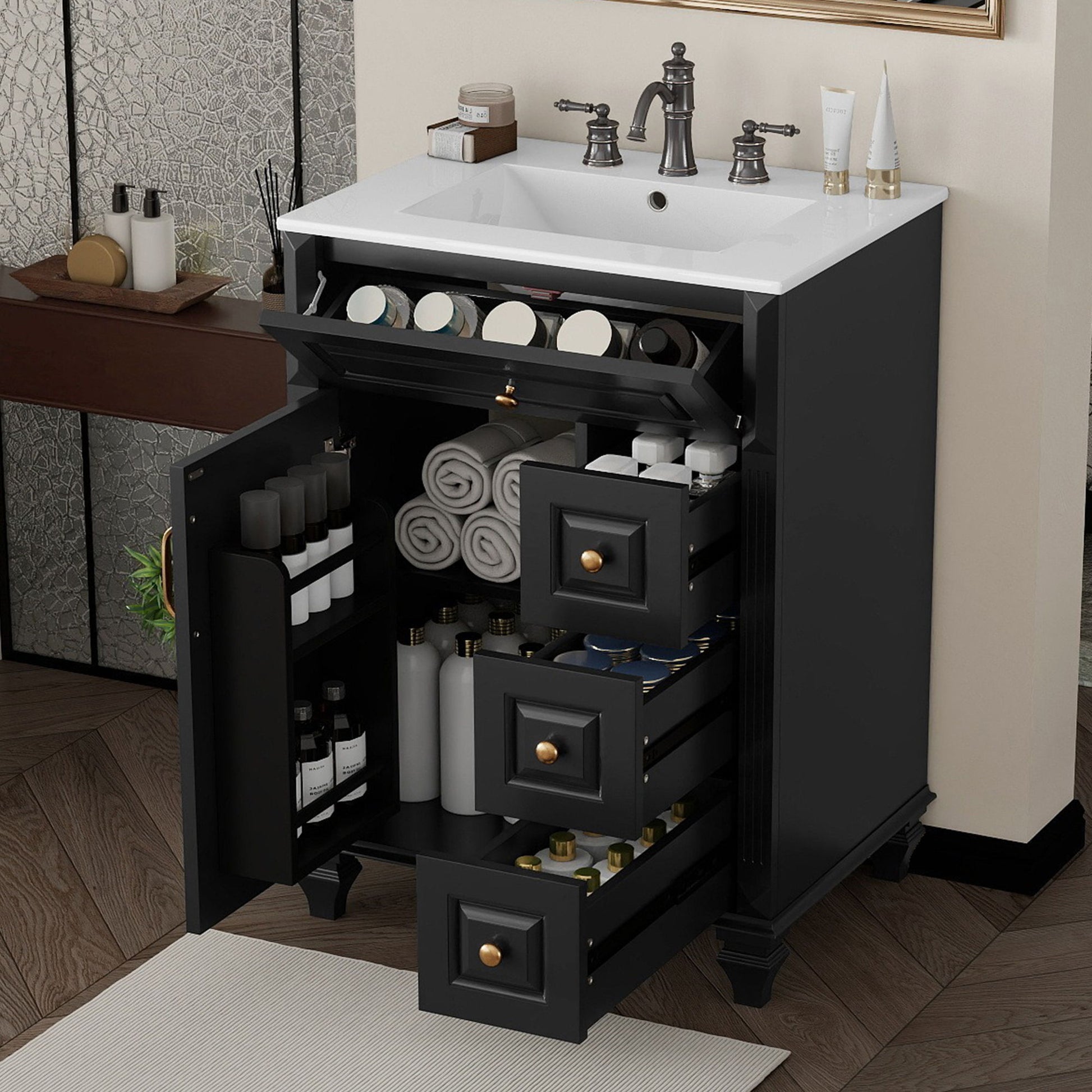Freestanding Bathroom Vanity With Sink, 3 Drawers & Flip-Out Drawer